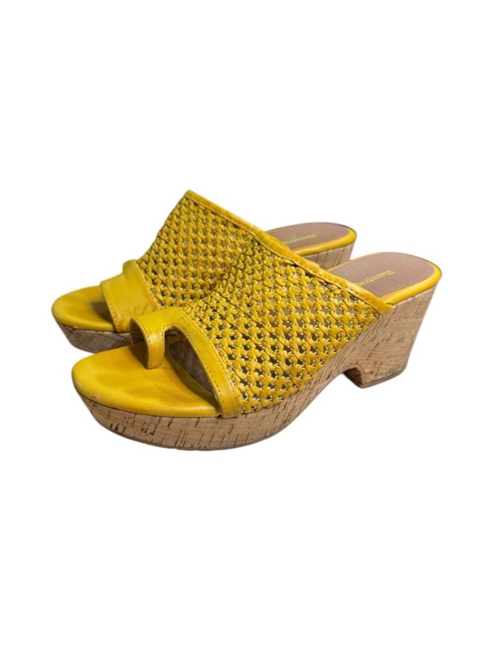 BareTraps Maia Yellow Woven Cork Heel Slide Sandals Faux Leather Size 6.5